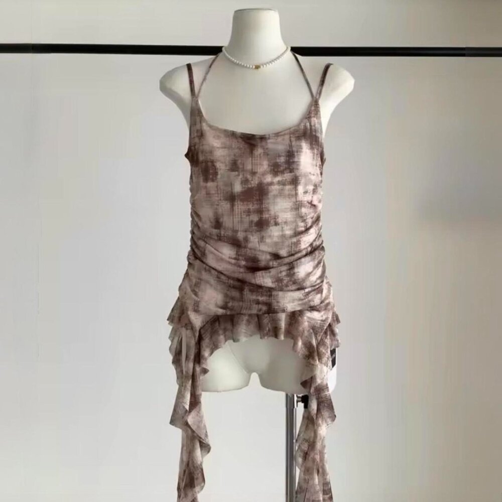 Brown Ruffle Trim Asymmetrical Mesh Top